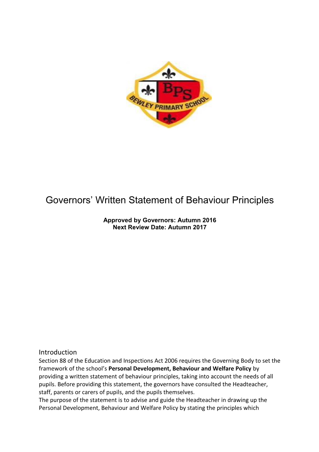 Governors Written Statement of Behaviour Principles