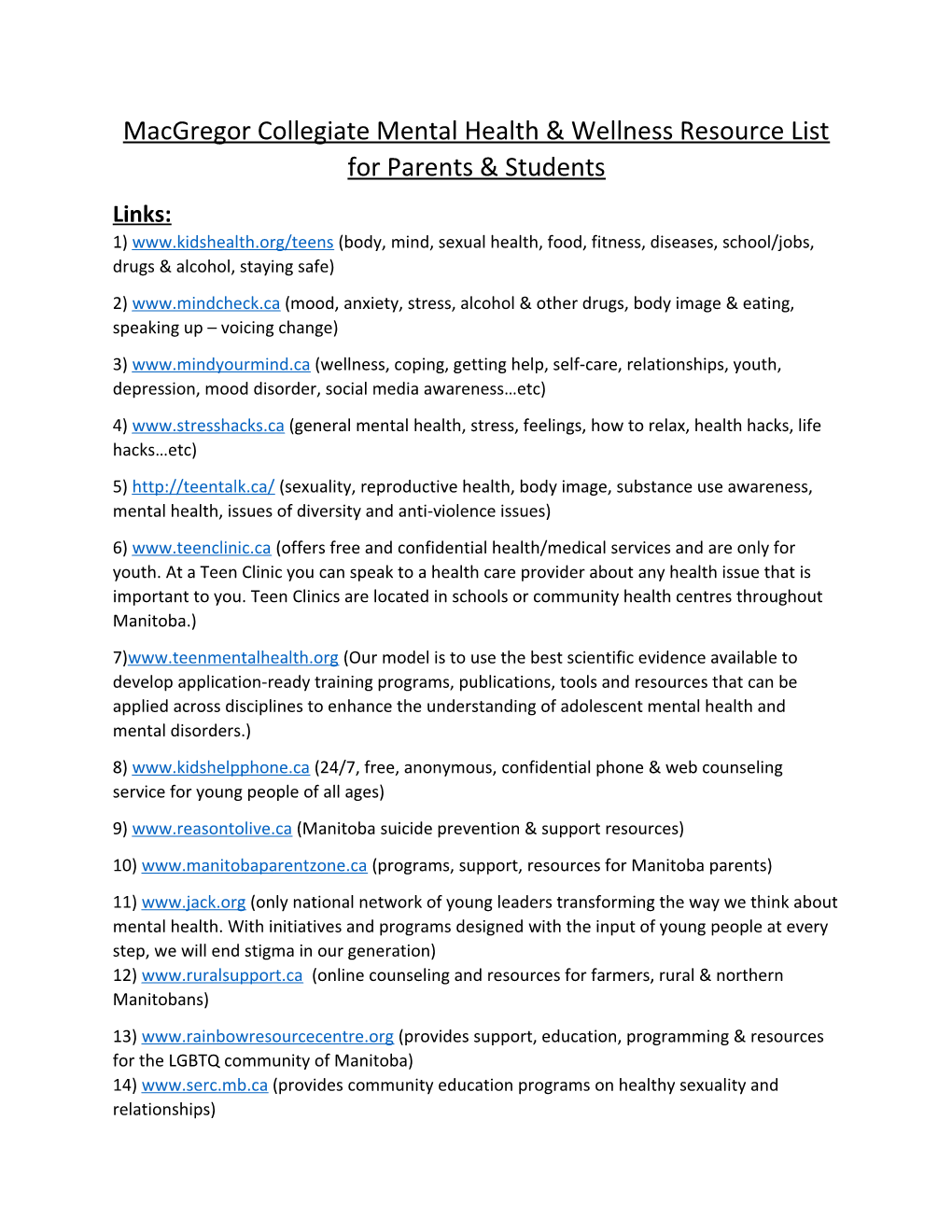 Macgregor Collegiate Mental Health & Wellness Resource List for Parents & Students