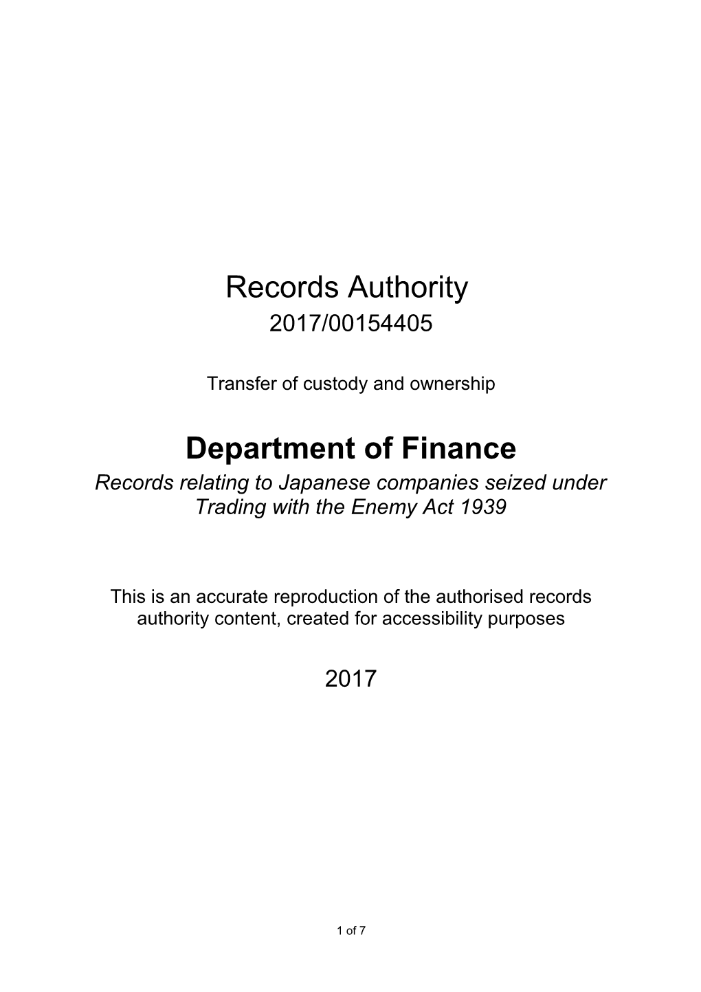 Department of Finance - Records Authority - 2017/00154405