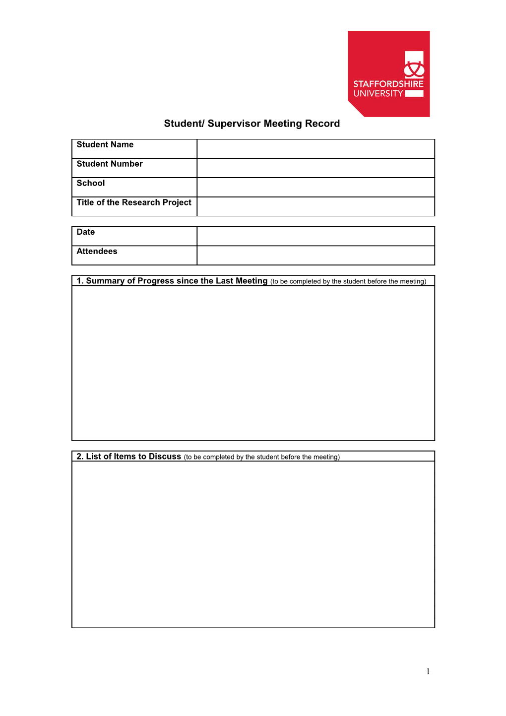 Student/ Supervisor Meeting Record
