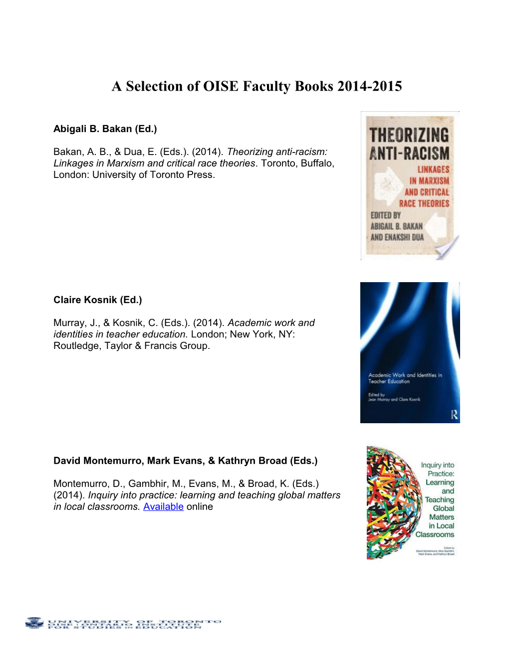 A Selection of OISE Faculty Books 2014-2015