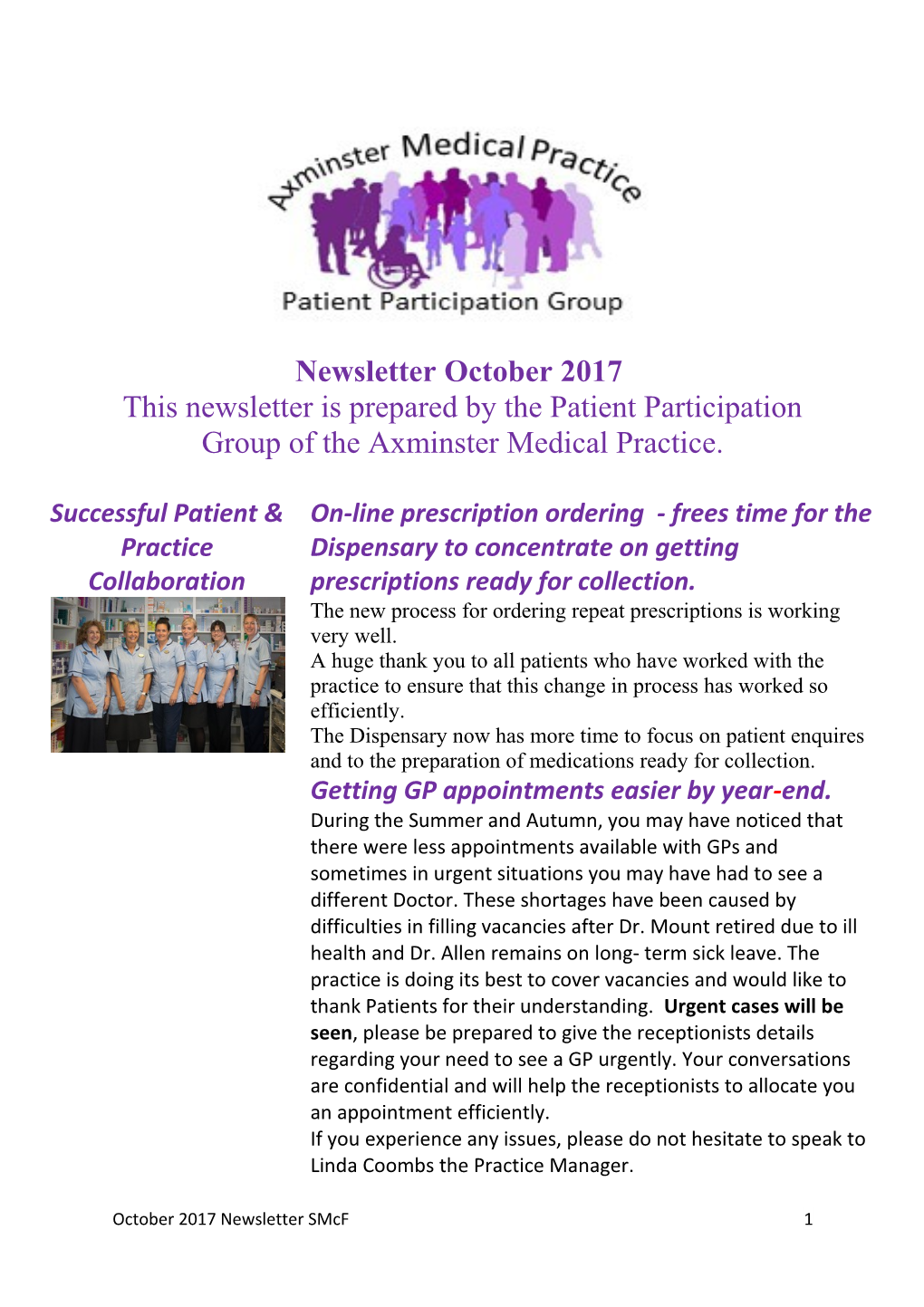 This Newsletter Is Prepared by the Patient Participation Group of the Axminster Medical