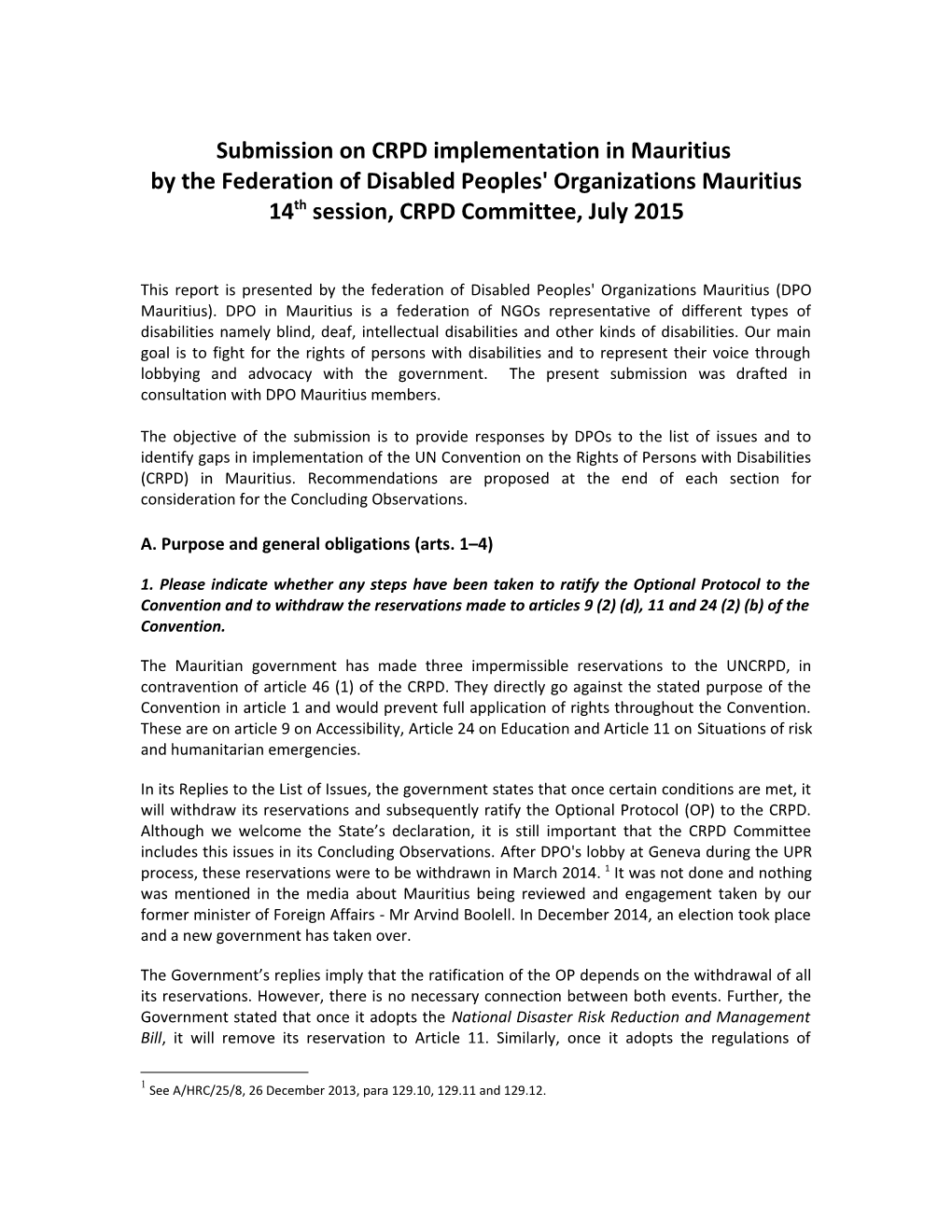 Submission on CRPD Implementation in Mauritius