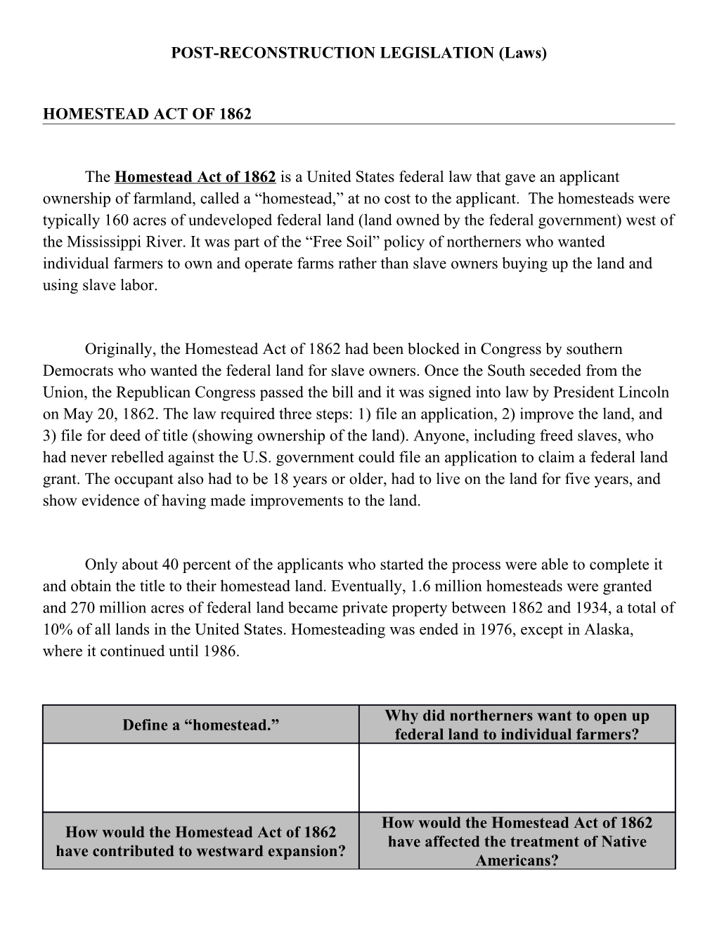 POST-RECONSTRUCTION LEGISLATION (Laws)