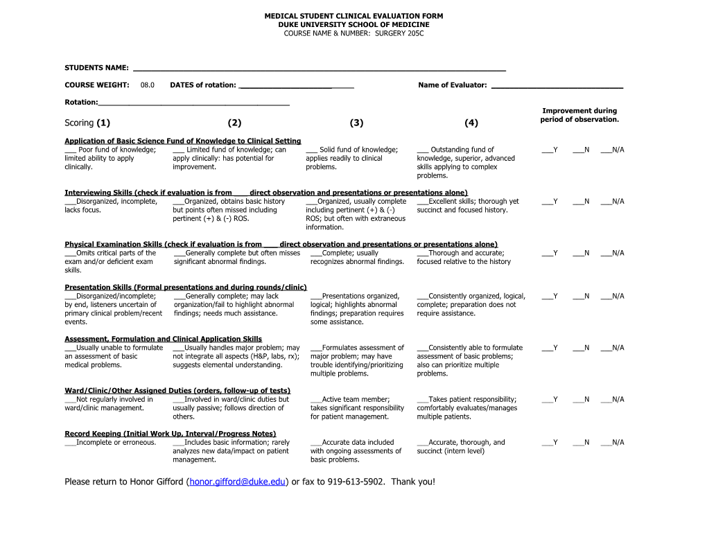 Medical Student Clinical Evaluation Form