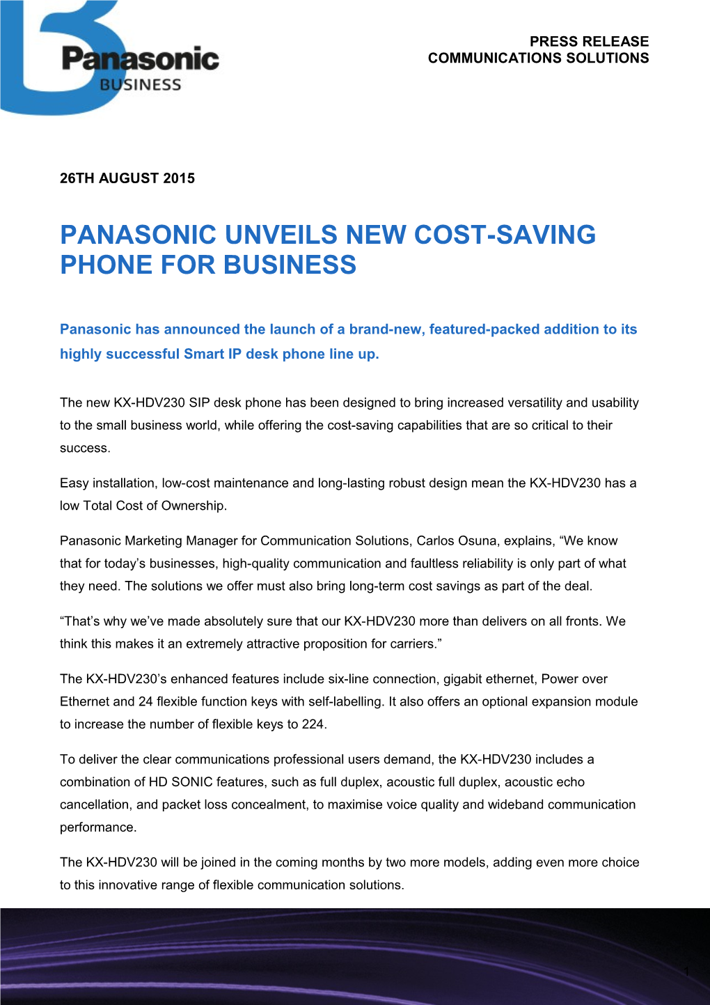 Panasonic Unveils New Cost-Saving Phone for Business