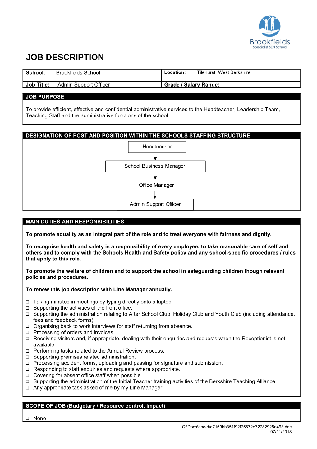 H: OFFICE STAFF Job Descriptions Job Descriptions Final Admin Support Officer