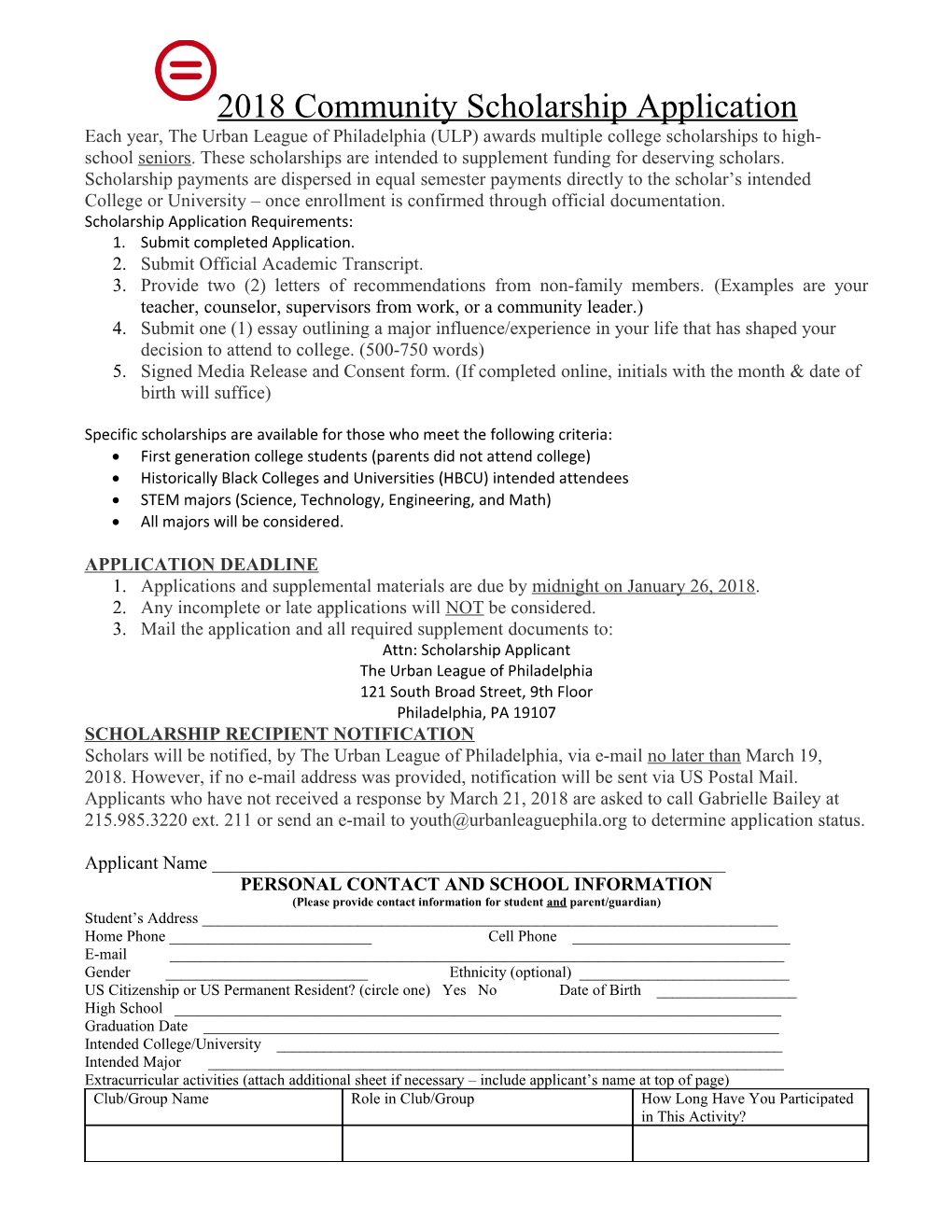 2018Community Scholarship Program Application