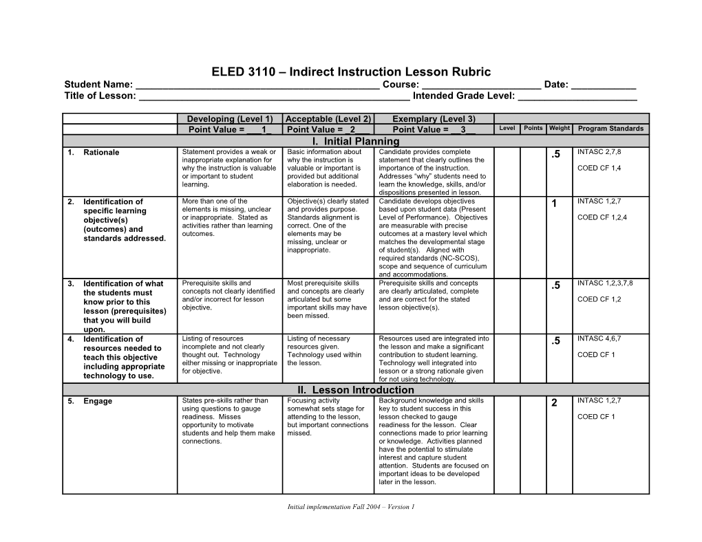 COED Common Work Samples - Instructional Lesson Plan Rubric