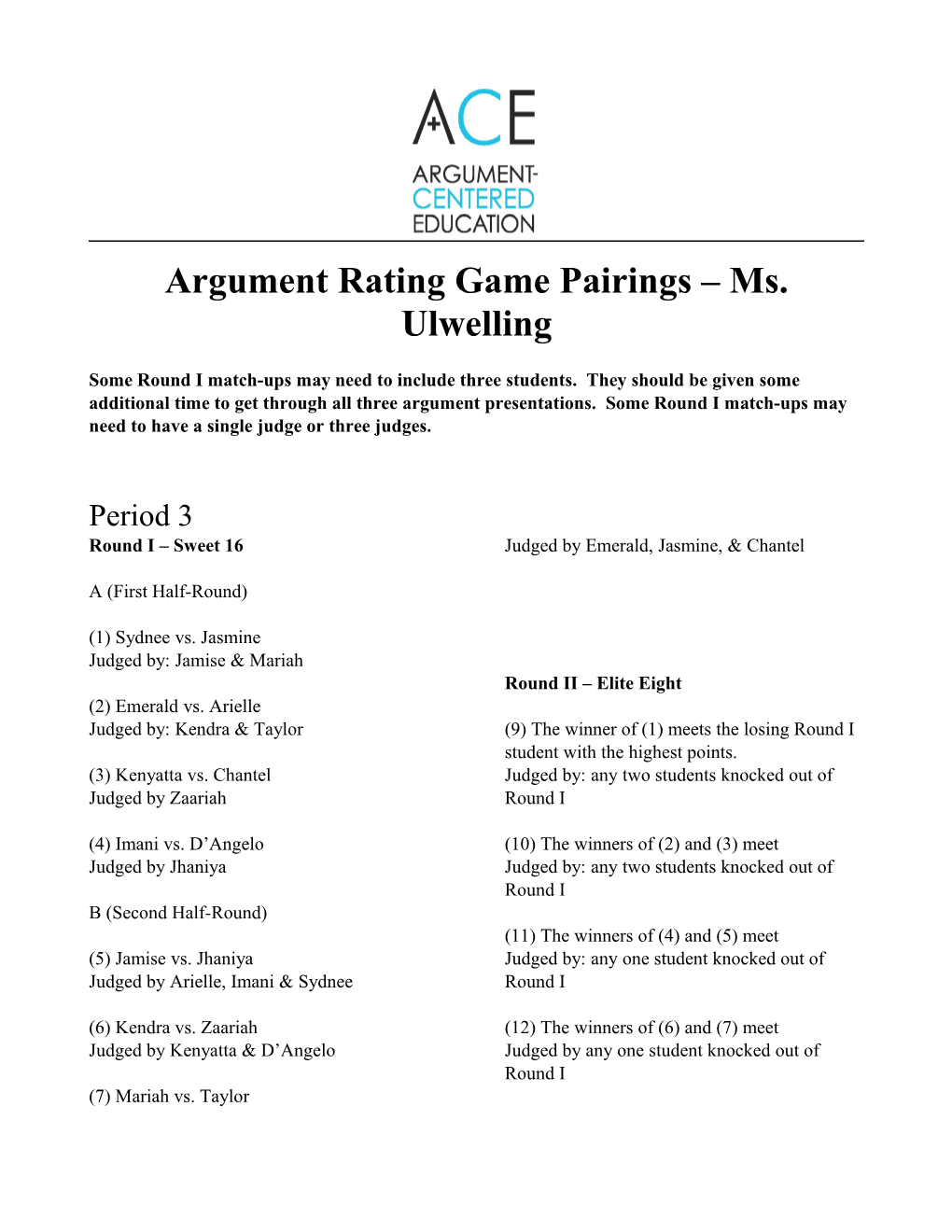 Argument Rating Game Pairings Ms. Ulwelling