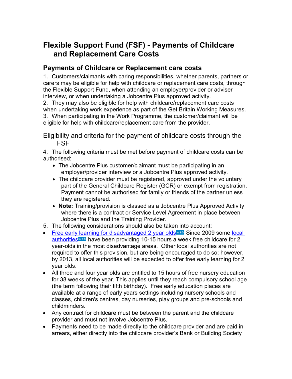 Flexible Support Fund (FSF) - Payments of Childcare and Replacement Care Costs