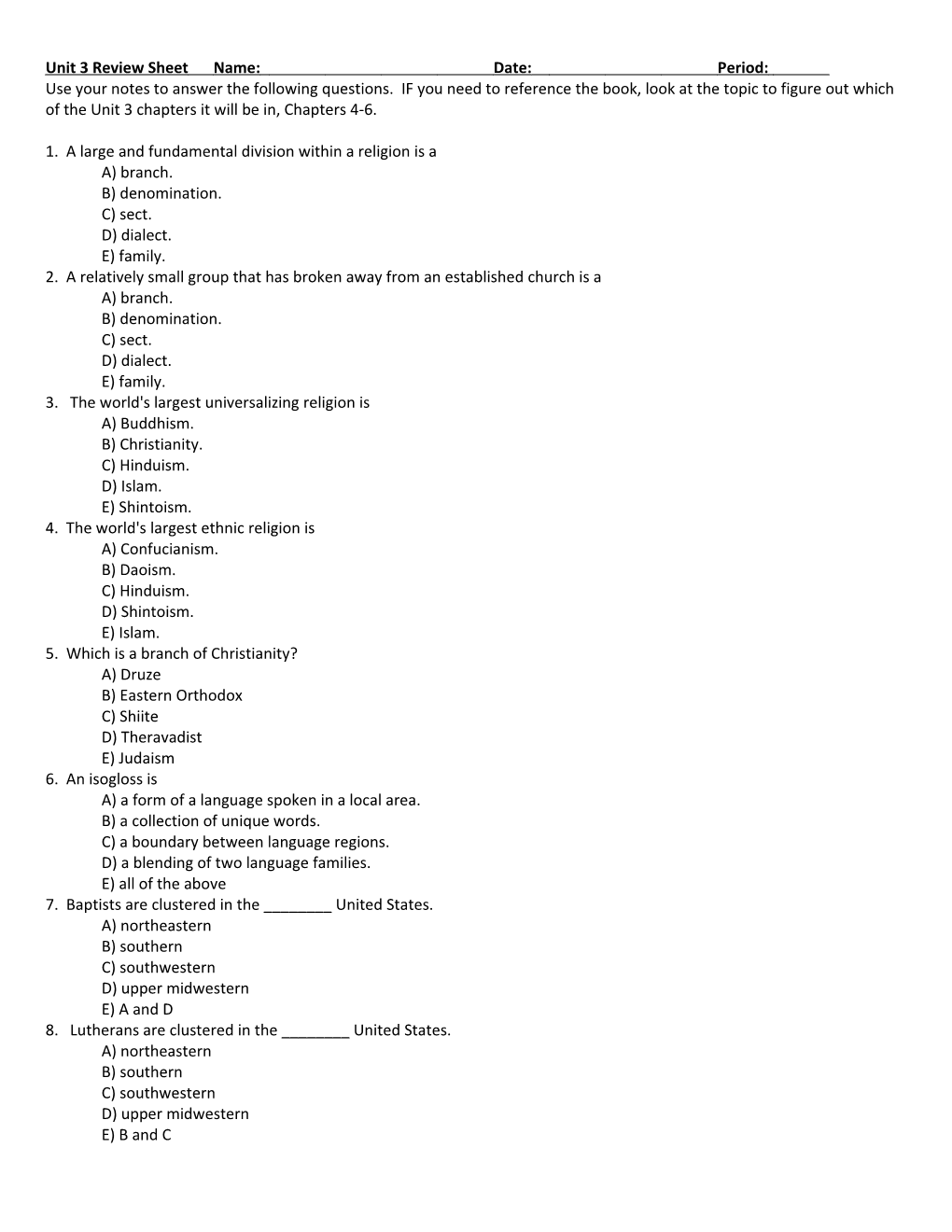 Unit 3 Review Sheetname:Date:Period