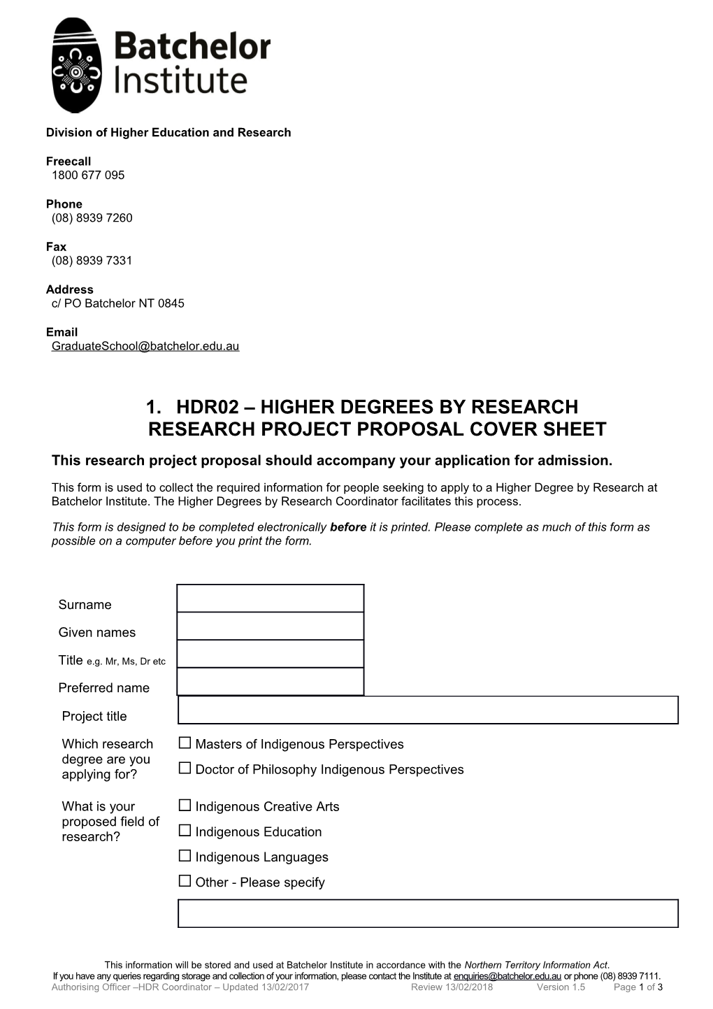 HDR02 Higher Degrees by Researchresearch Project Proposal Cover Sheet