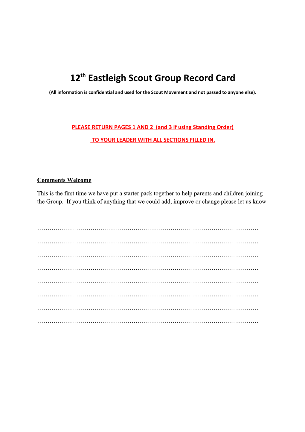 12Th Eastleigh Scout Group Record Card