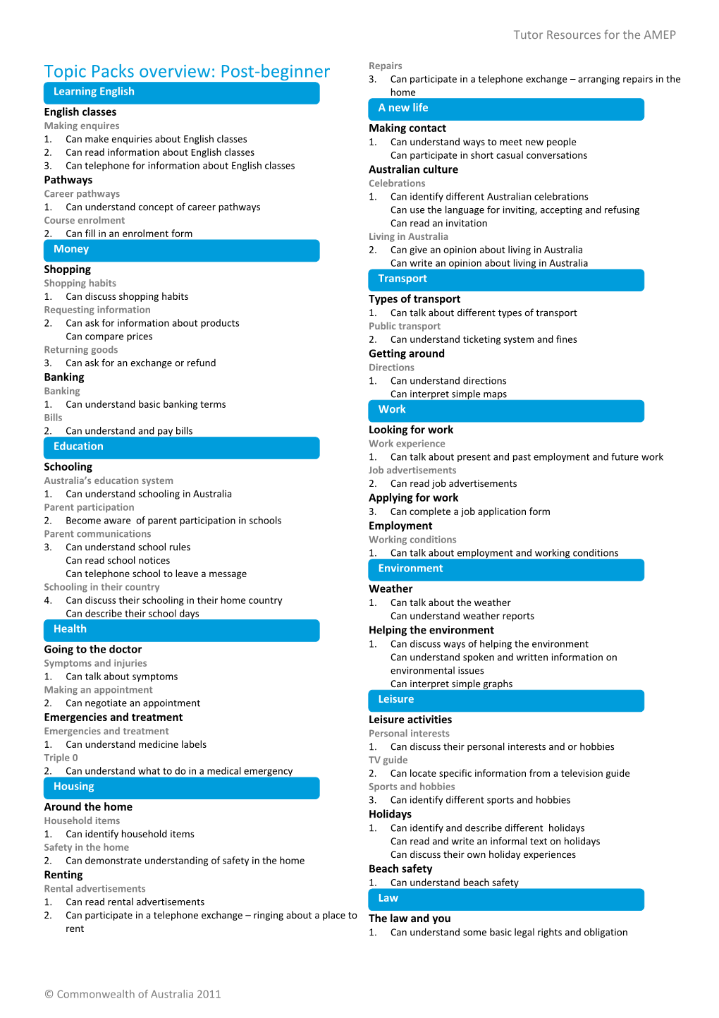 Tutor Resources for the AMEP