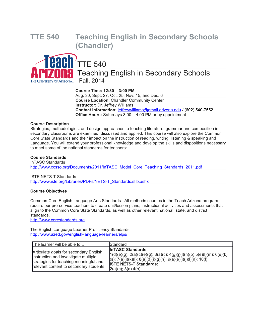 TTE 540Teaching English in Secondary Schools (Chandler)