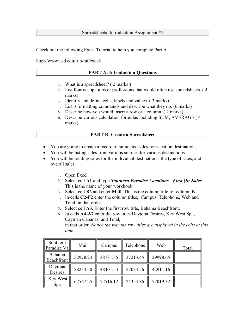 Spreadsheets: Introduction Assignment #1