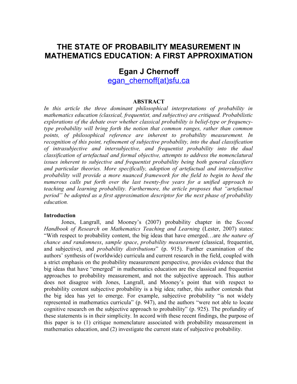 Mathematics Education S Unfinished Probability