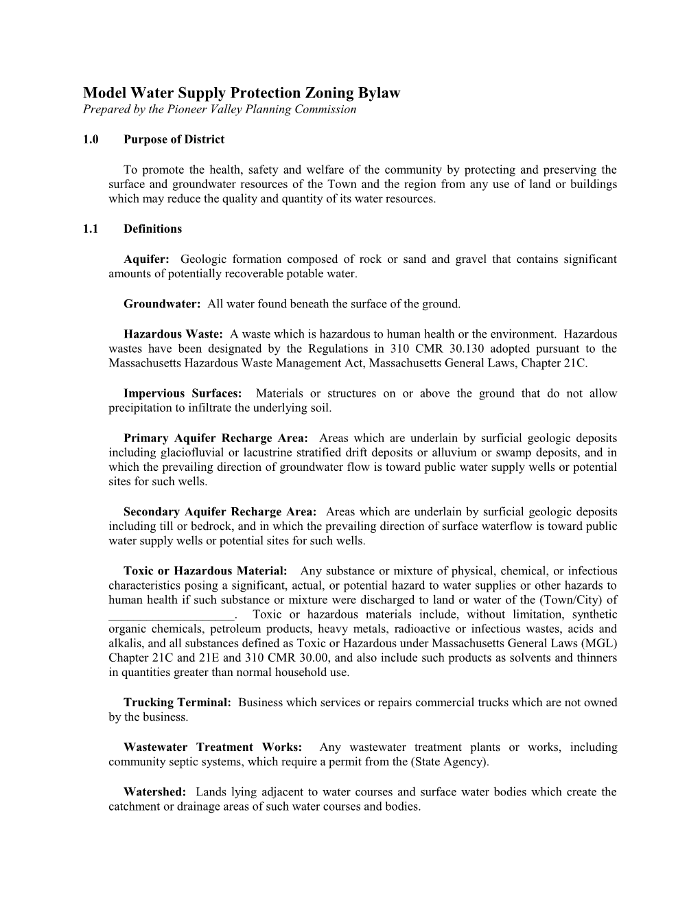 Model Water Supply Protection Zoning Bylaw