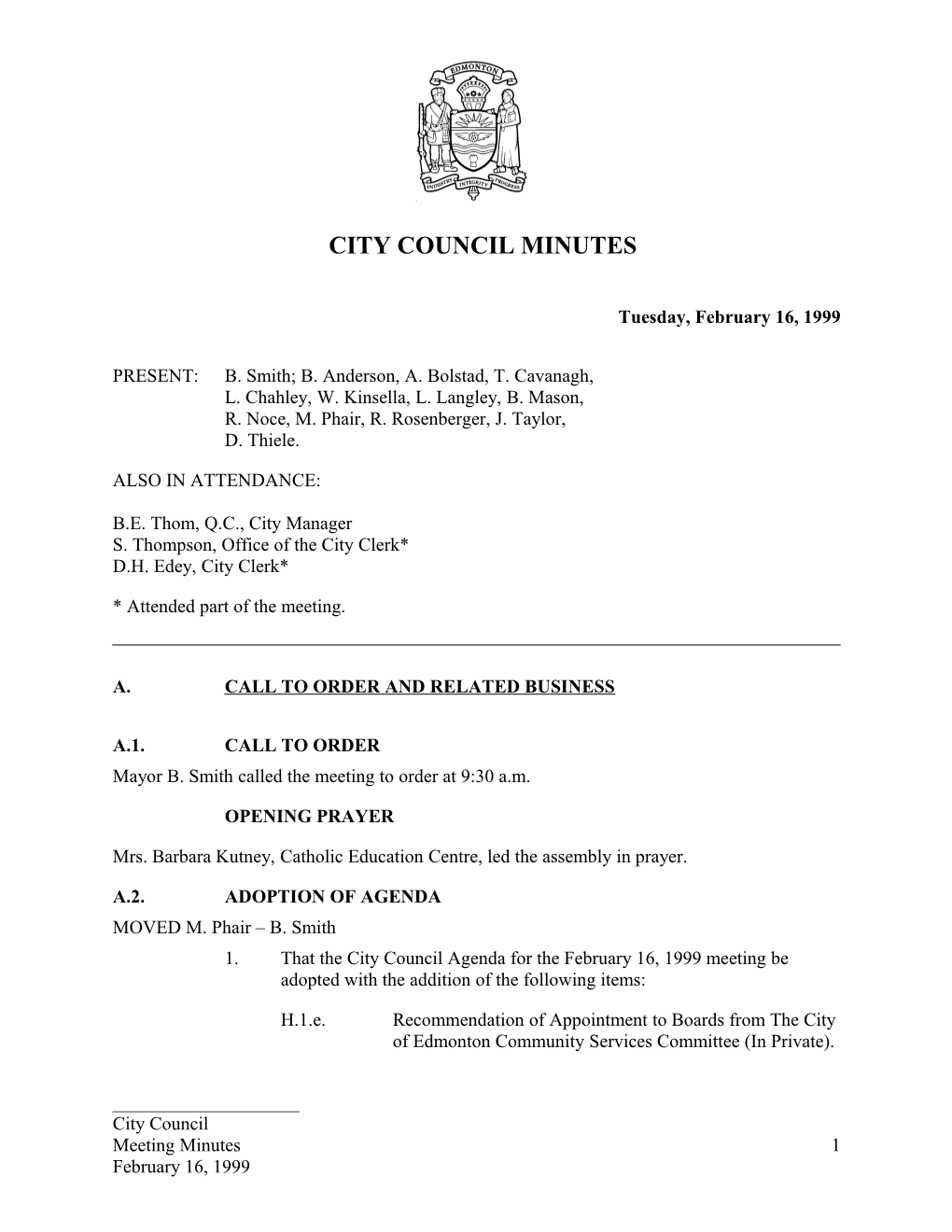 Minutes for City Council February 16, 1999 Meeting