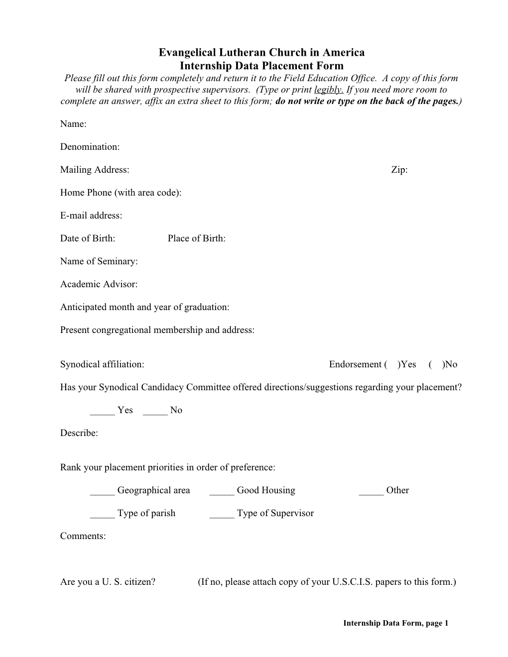 Internship Data Placement Form