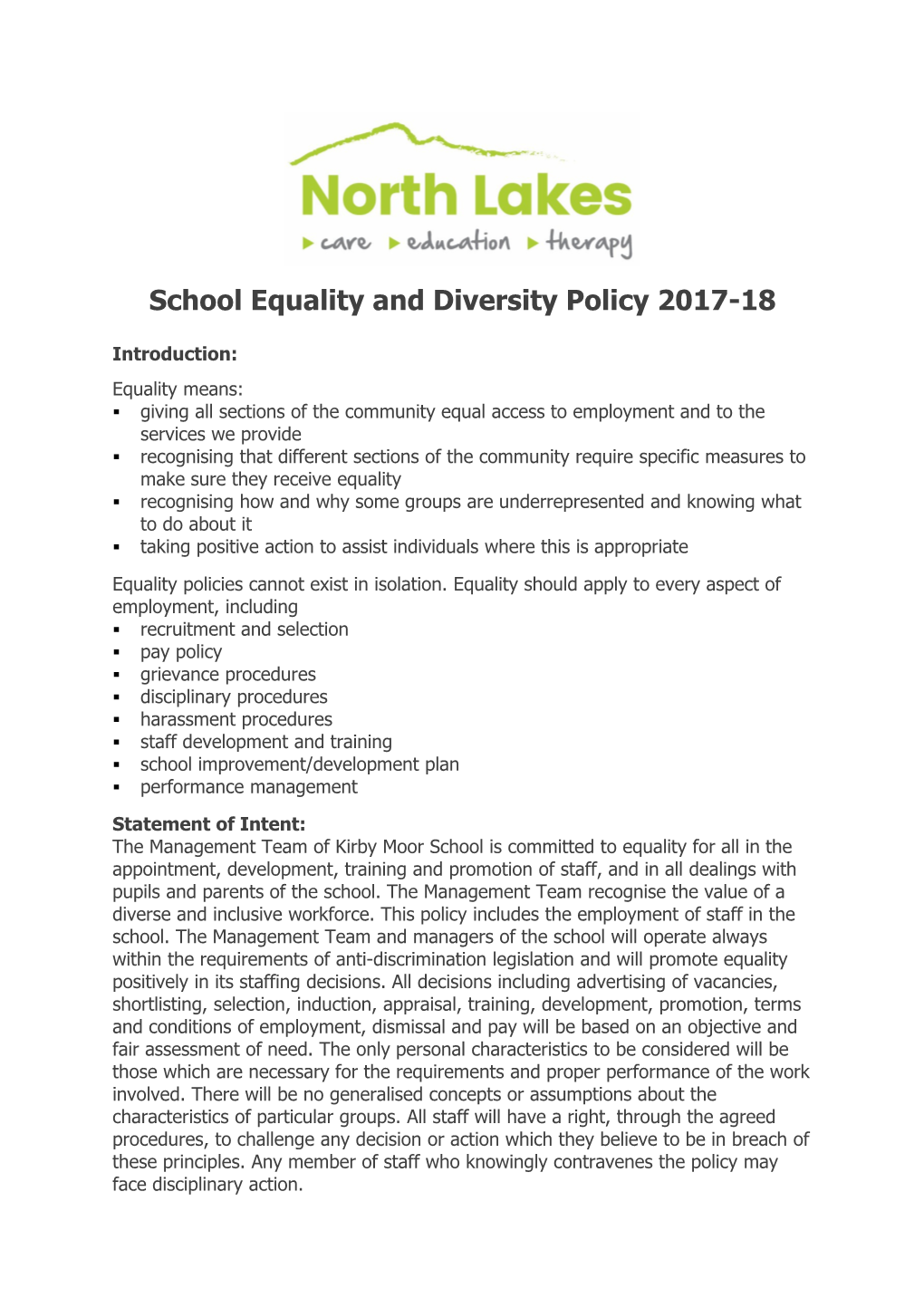 School Equality and Diversity Policy 2017-18