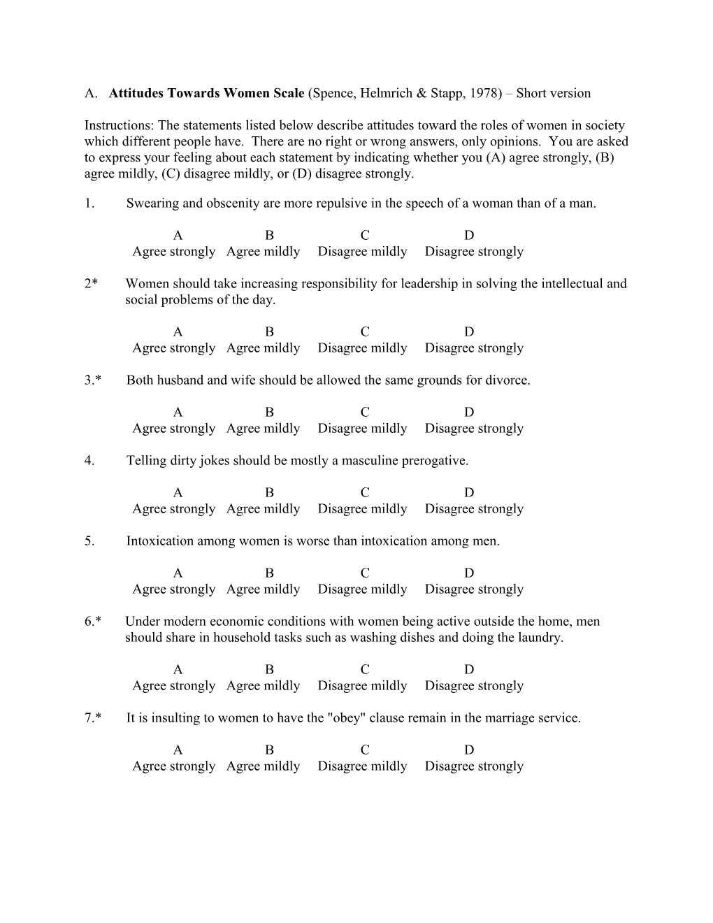 A. Attitudes Towards Women Scale (Spence, Helmrich & Stapp, 1978) Short Version