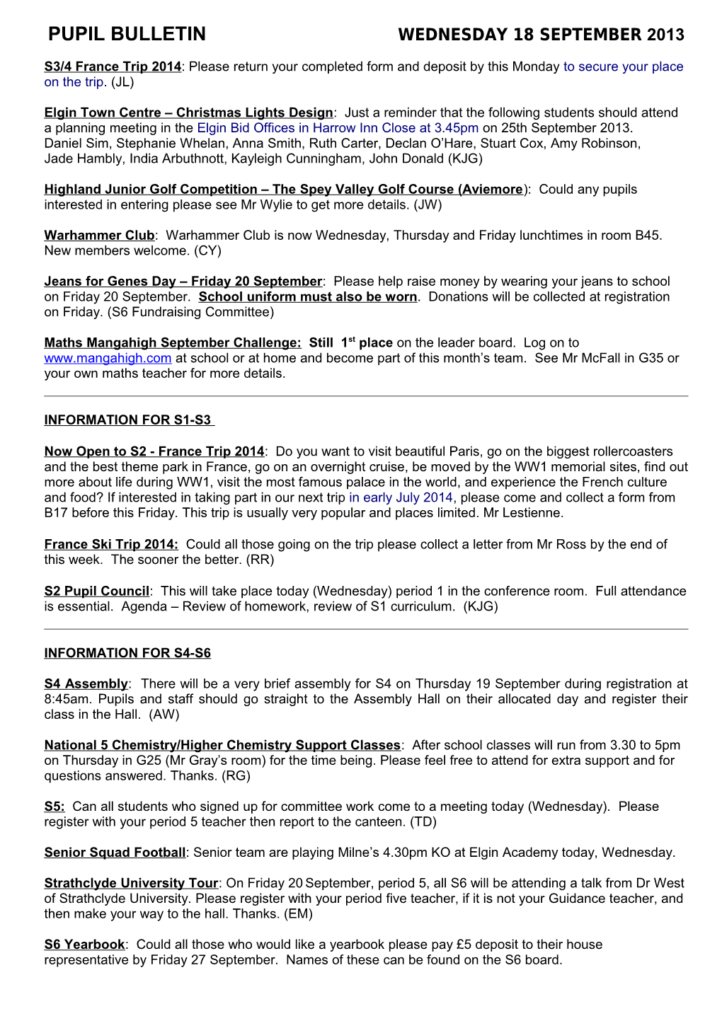 Pupil Bulletin Wednesday 18 September2013