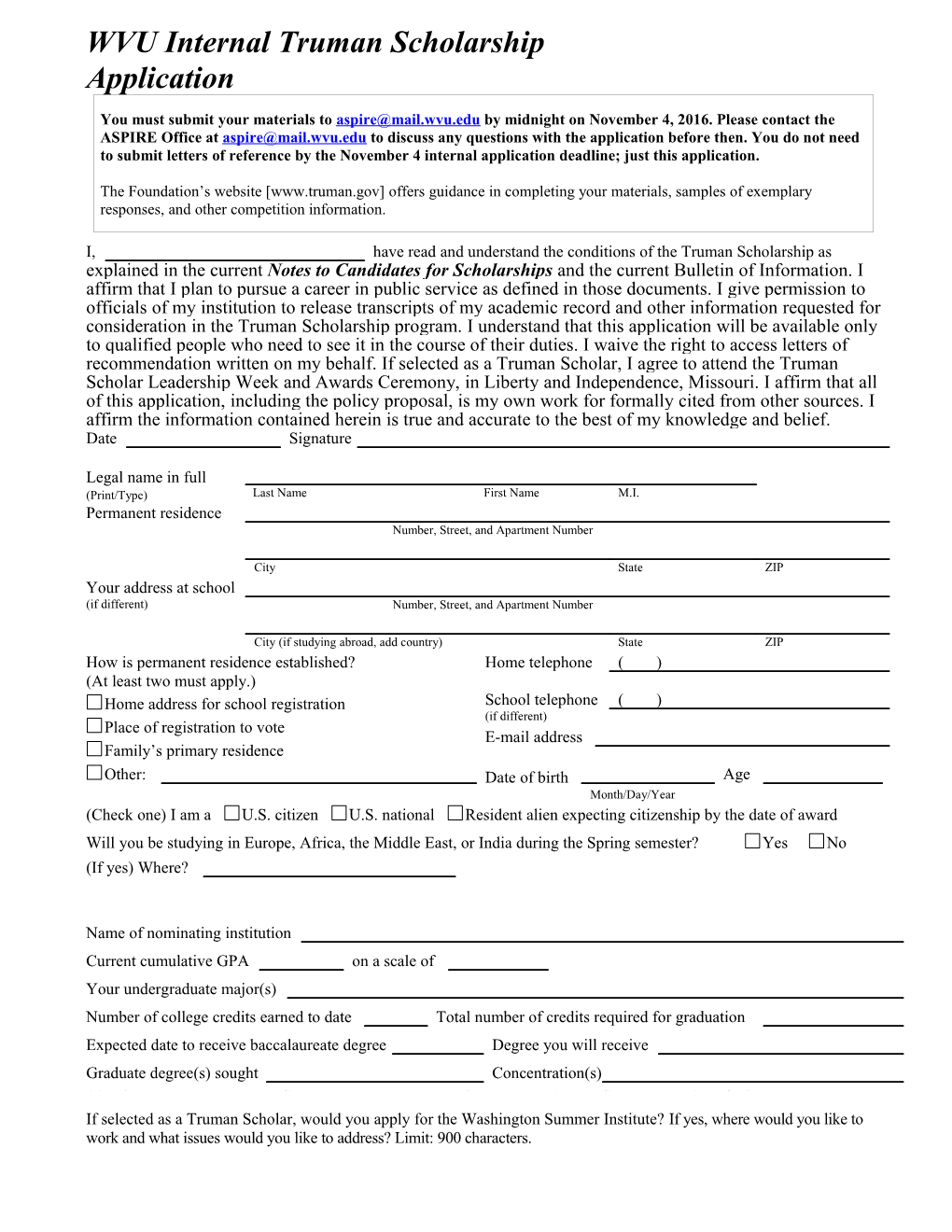 WVU Internal Truman Scholarship Application