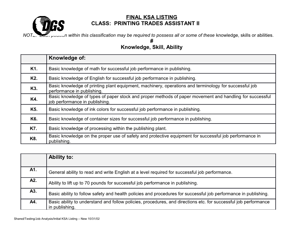 Class: Printing Trades Assistant Ii