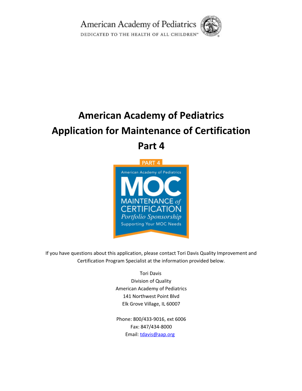 American Academy of Pediatrics Application for Maintenance of Certification Part 4