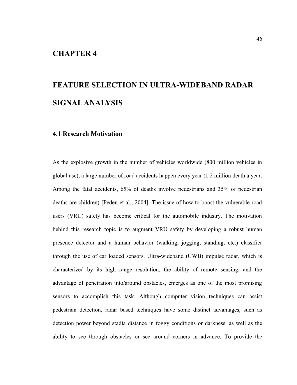 Feature Selection Inultra-Wideband Radar Signal Analysis