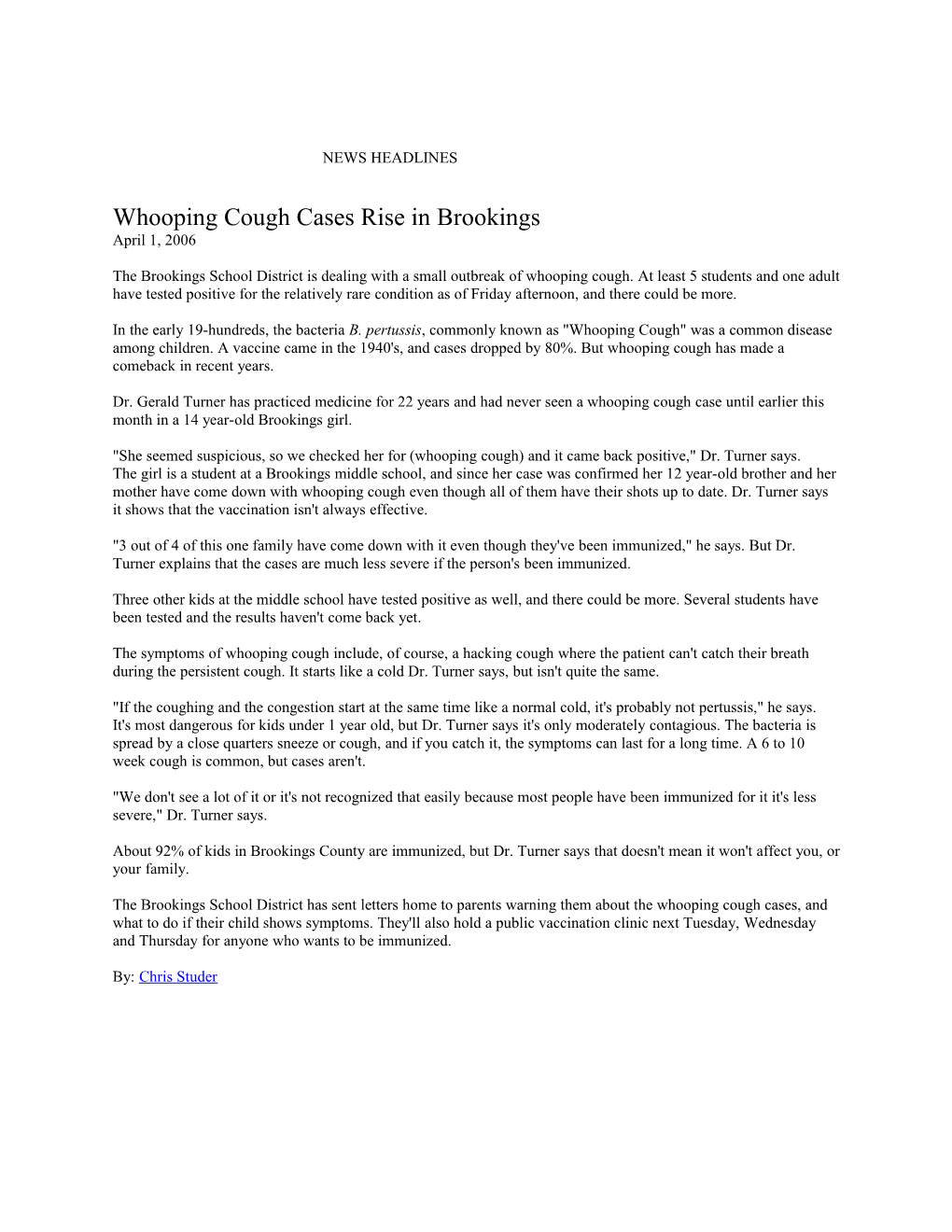 Whooping Cough Cases Rise in Brookings