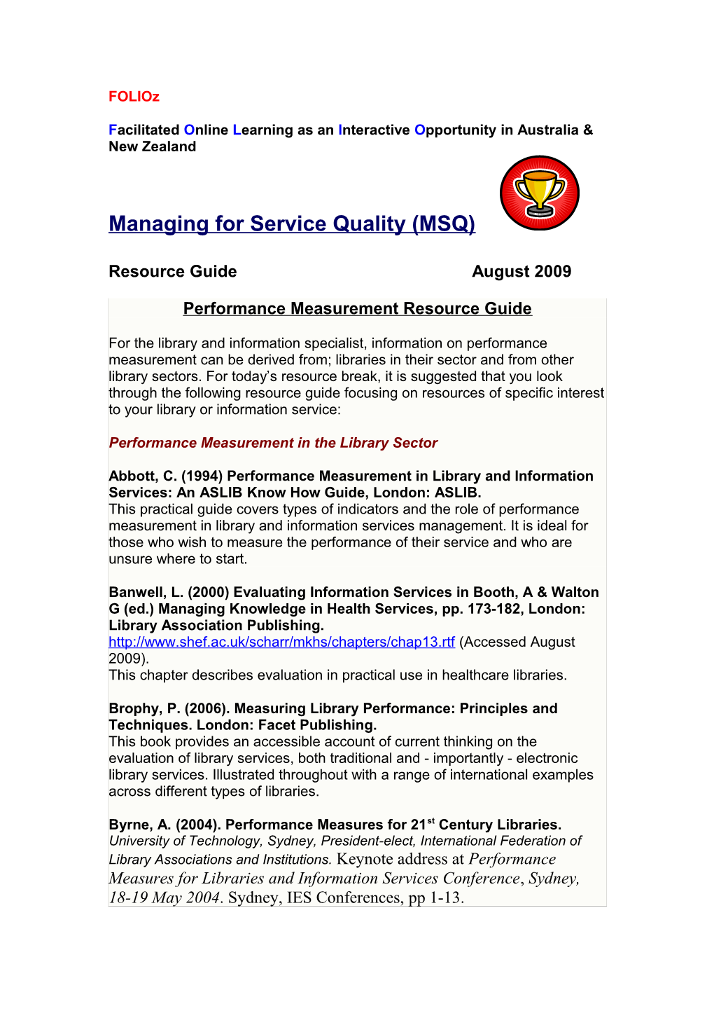 Performance Measurement Resource Guide