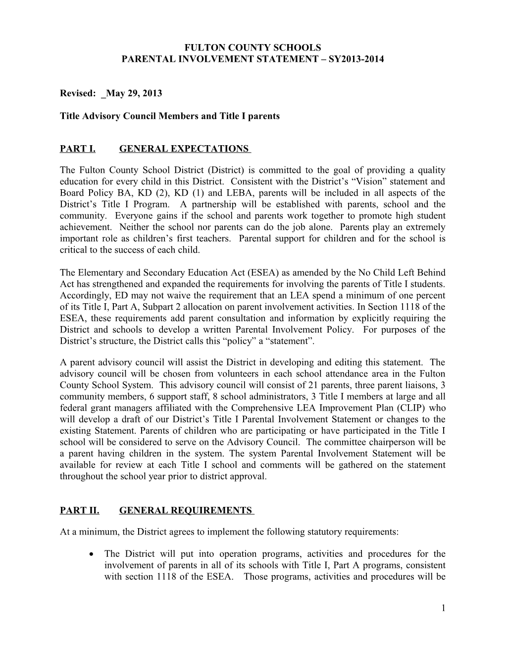 FY2013-14 Title I District Parental Involvement Statement