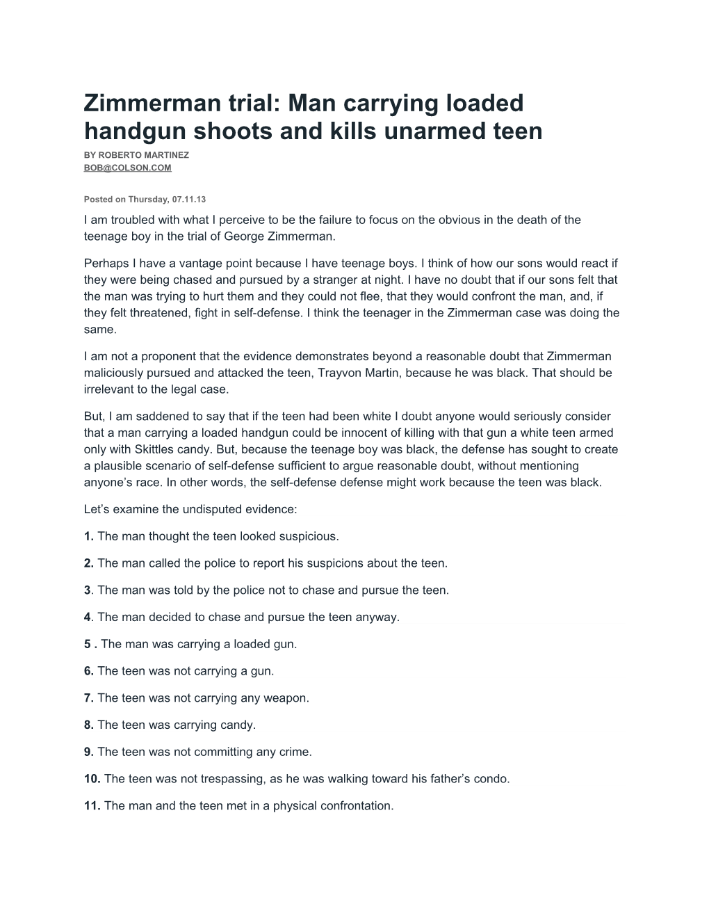 Zimmerman Trial: Man Carrying Loaded Handgun Shoots and Kills Unarmed Teen
