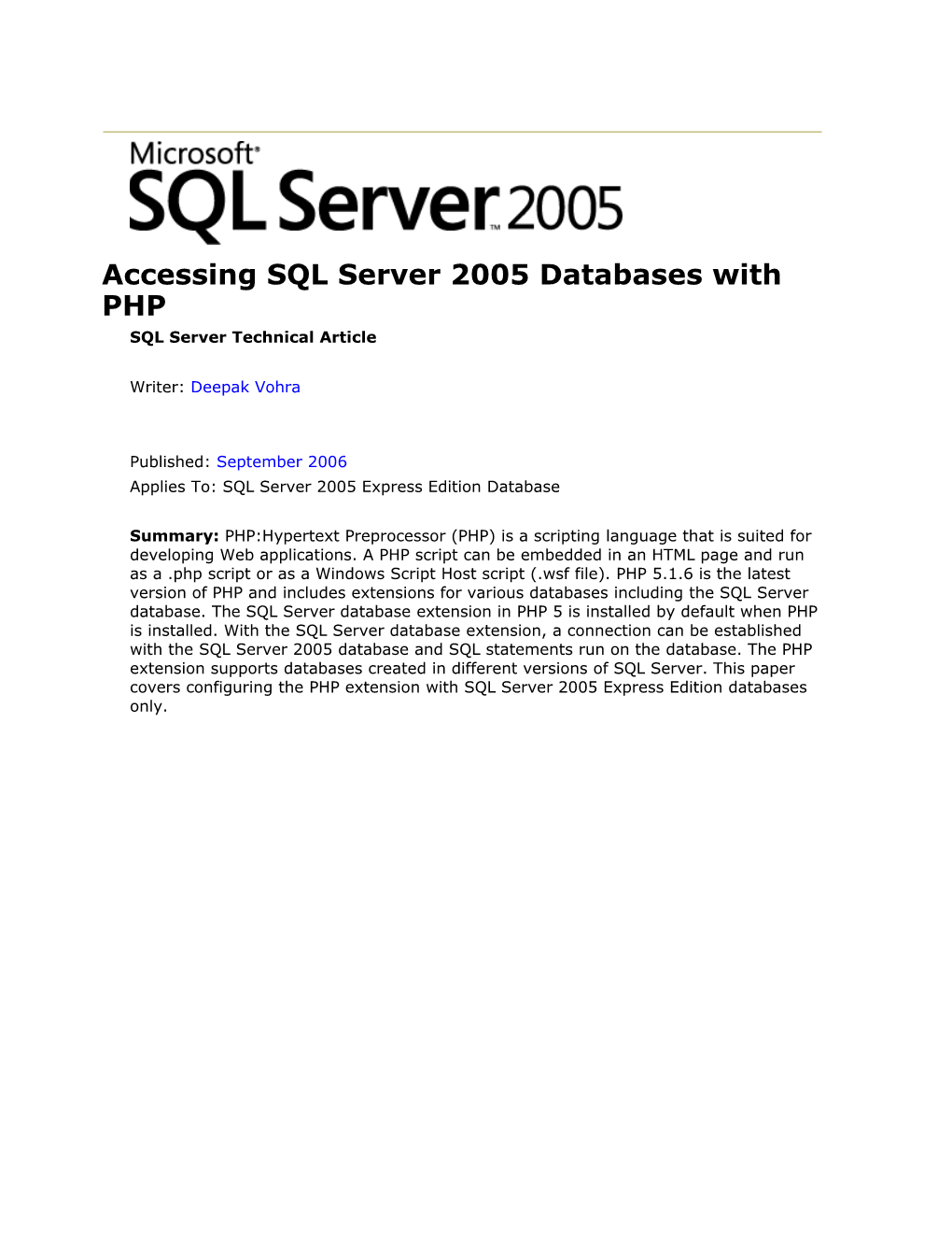 Accessing SQL Server 2005 Databases with PHP