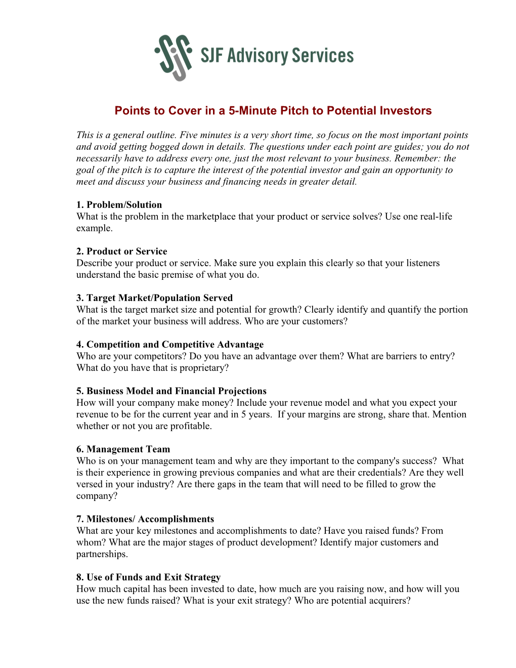 Points to Cover in 5 Minute Pitch to Potential Investors