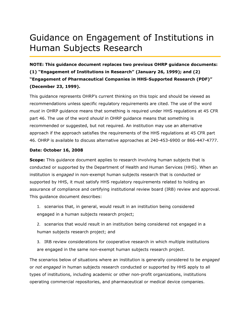 Guidance on Engagement of Institutions in Human Subjects Research