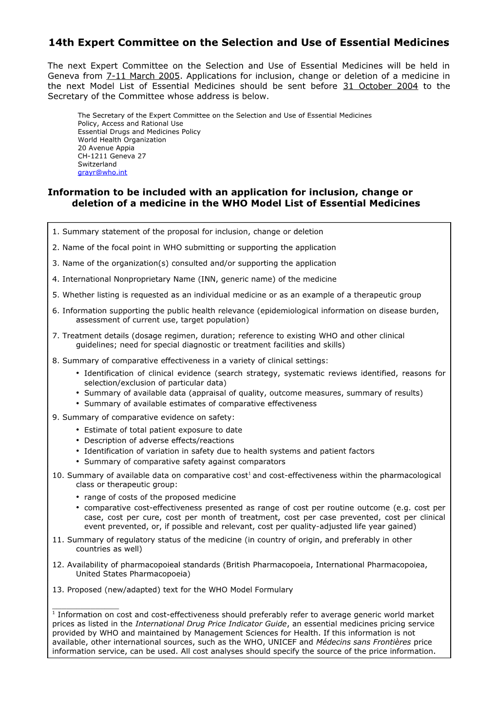 14Th Expert Committee on the Selection and Use of Essential Medicines