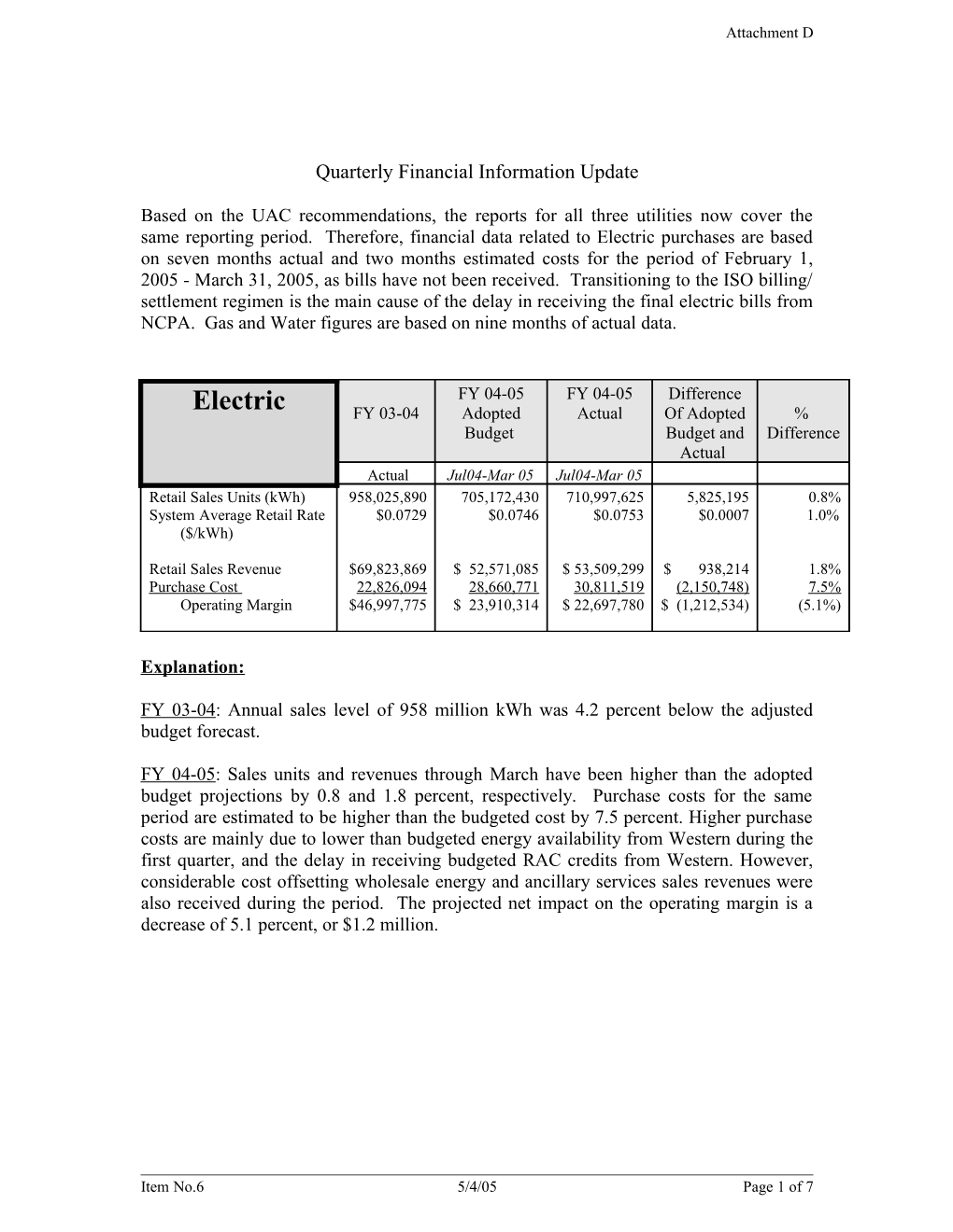 Quarterly Financial Information Update