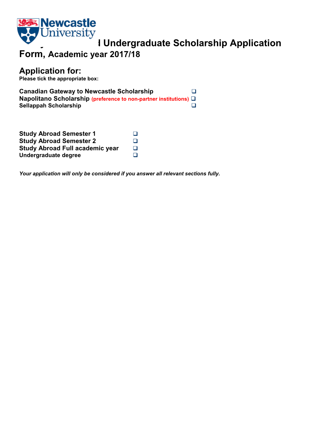 Study Abroad Andundergraduatescholarship Application Form, Academic Year 2017/18