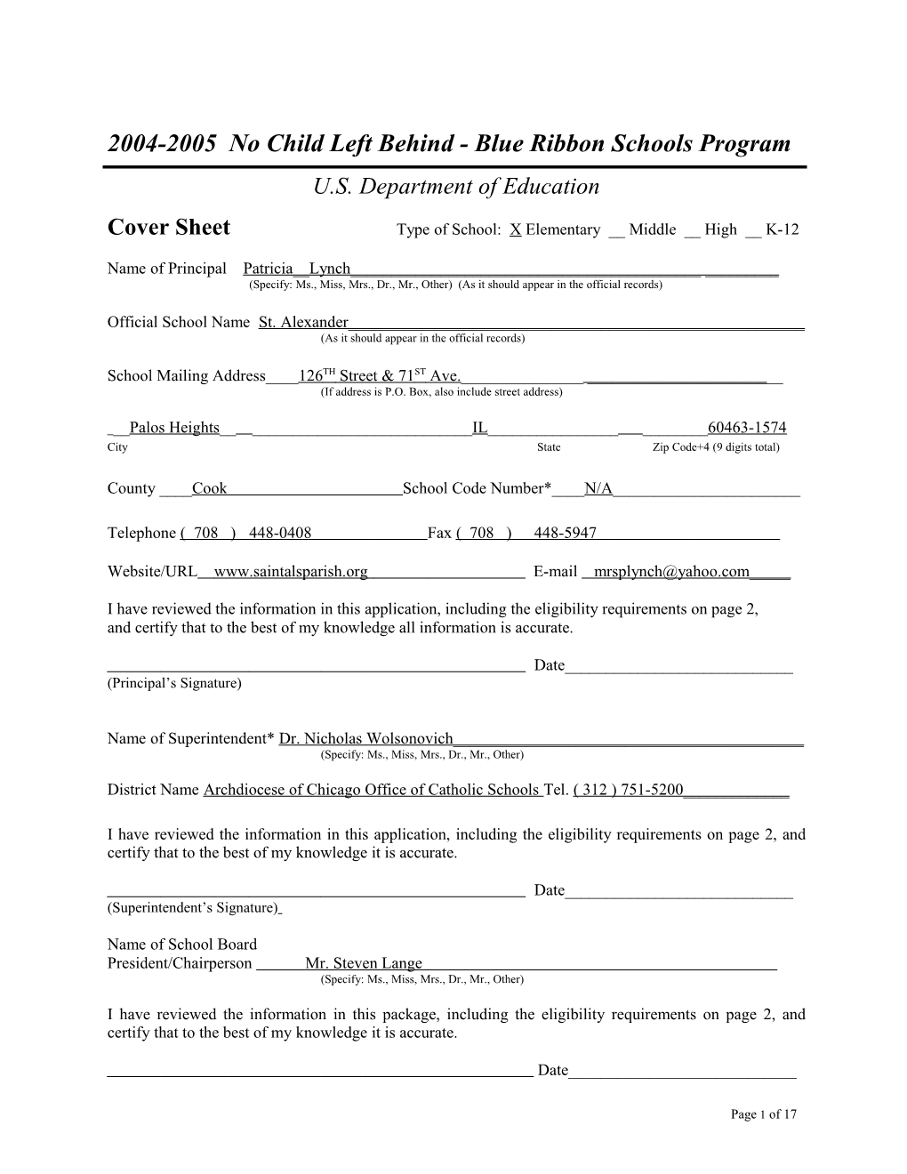 St. Alexander School Application: 2004-2005, No Child Left Behind - Blue Ribbon Schools