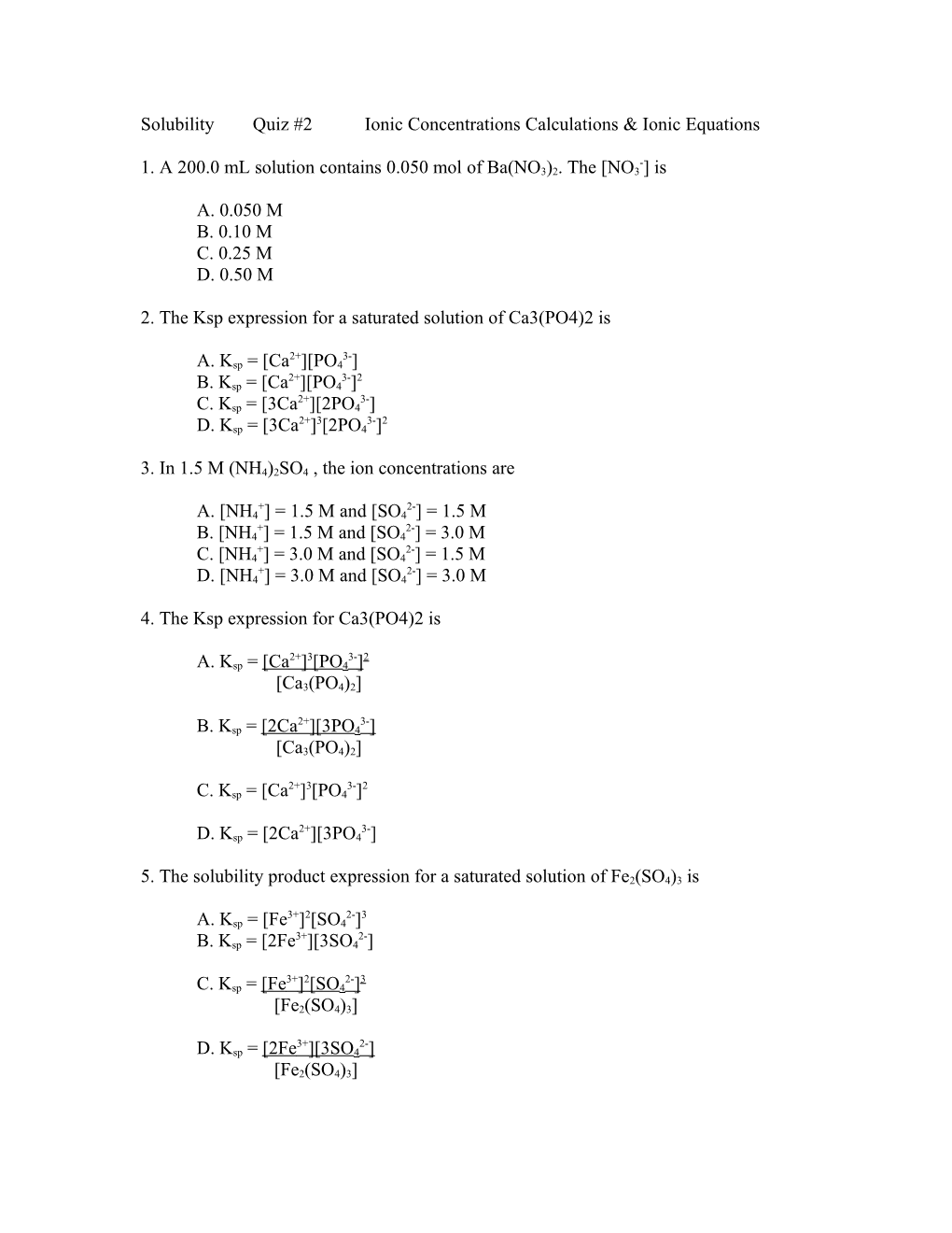 Solubilityquiz #2 Ionic Concentrations Calculations & Ionic Equations