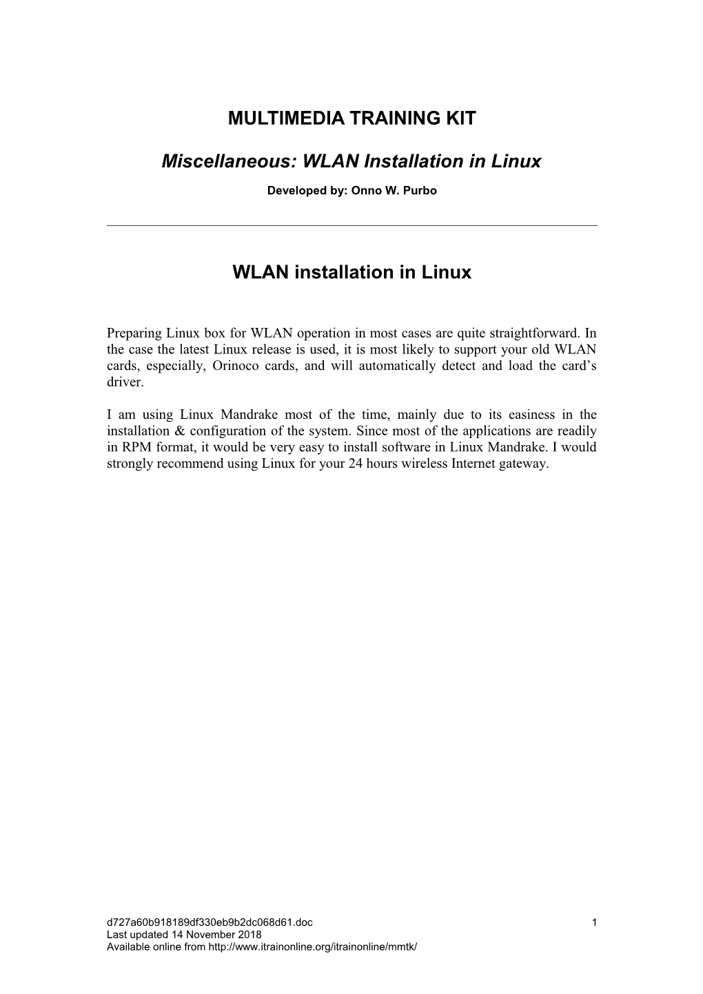 Miscellaneous: WLAN Installation in Linux