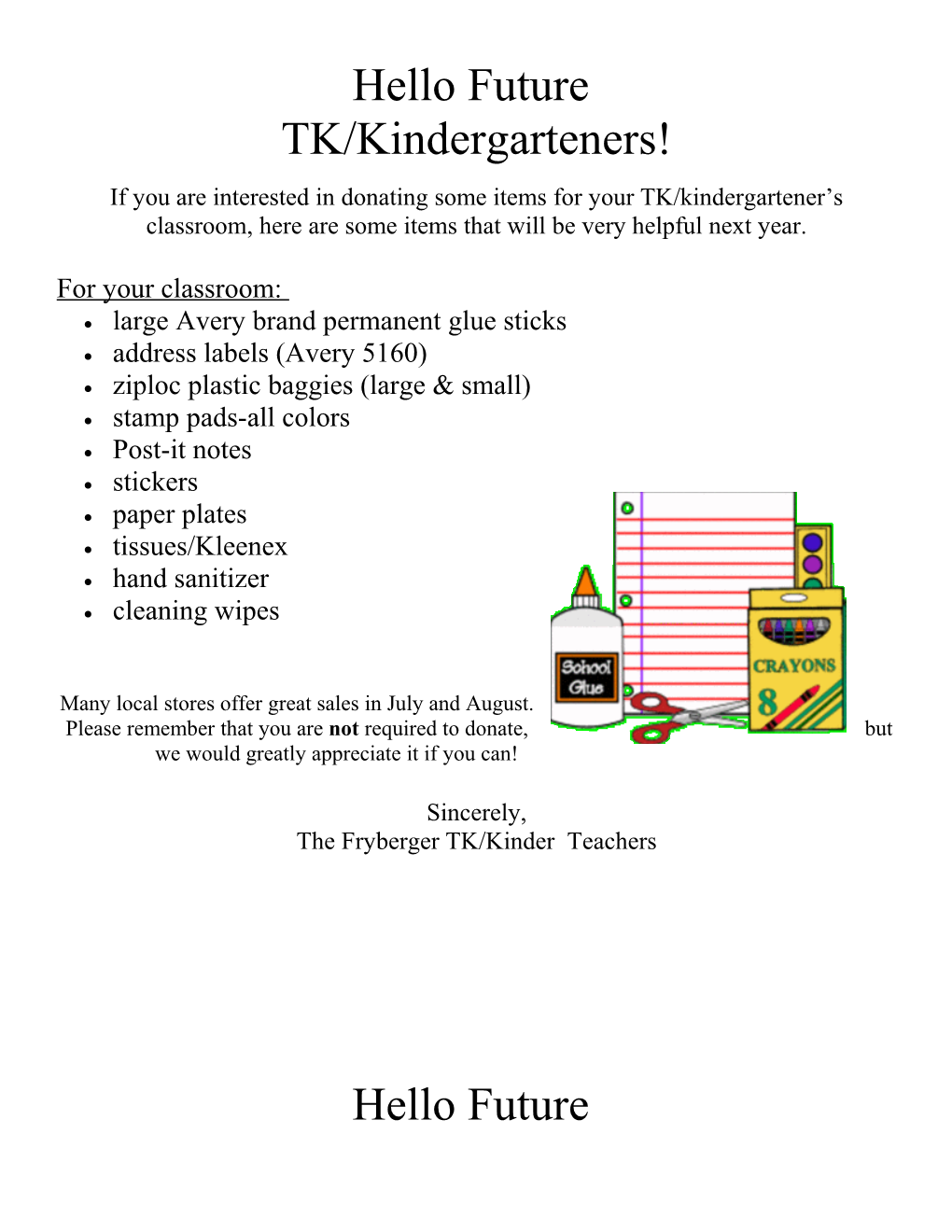 If You Are Interested in Donating Some Items for Your TK/Kindergartener S Classroom, Here