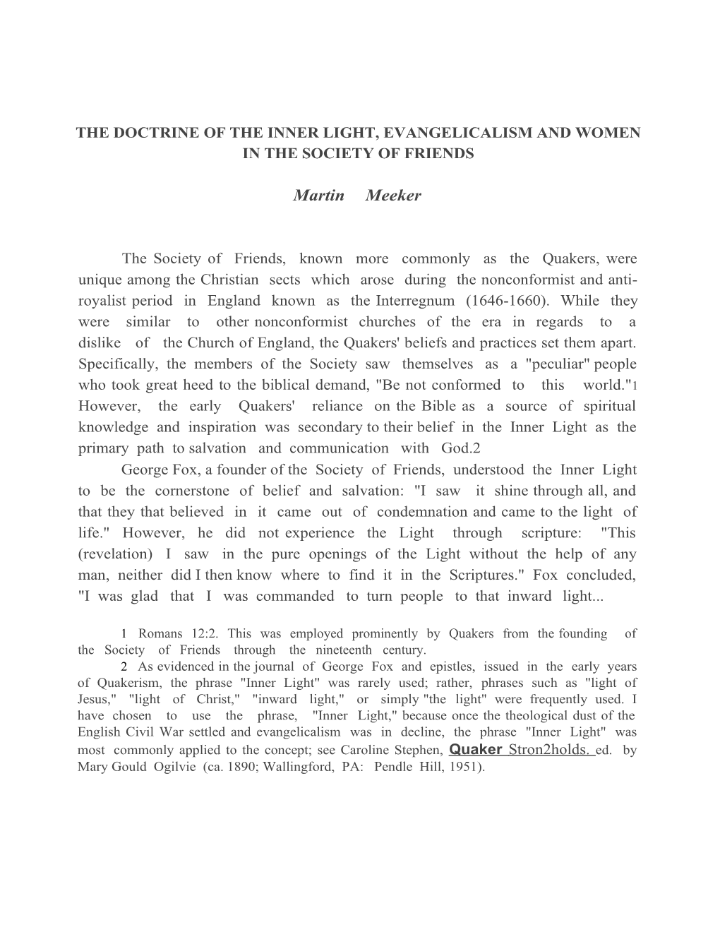 The Doctrine of the Inner Light, Evangelicalism and Women in the Society of Friends