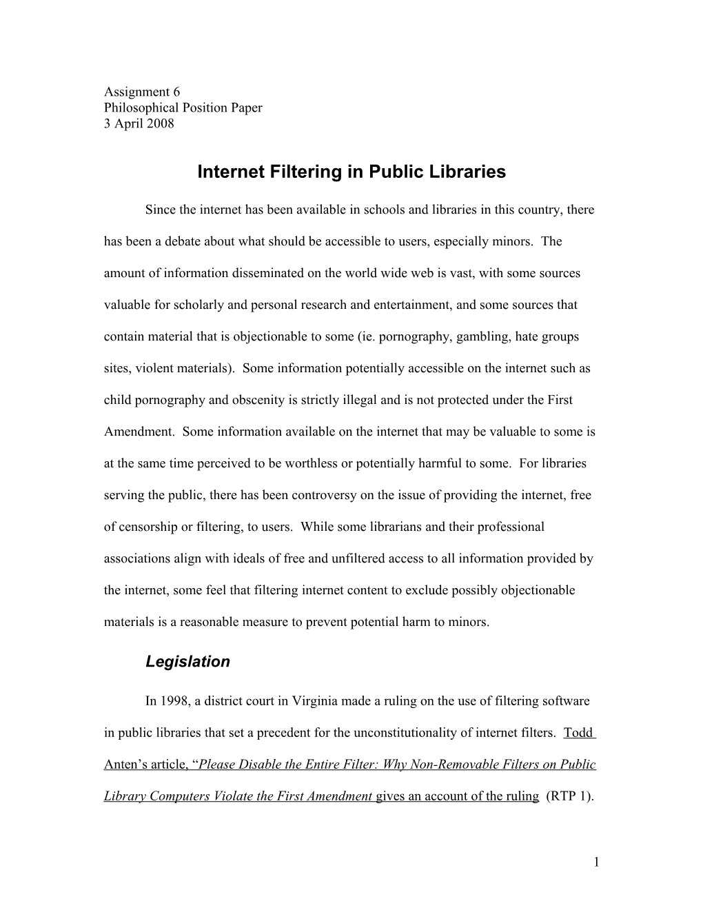 Internet Filtering in Public Libraries