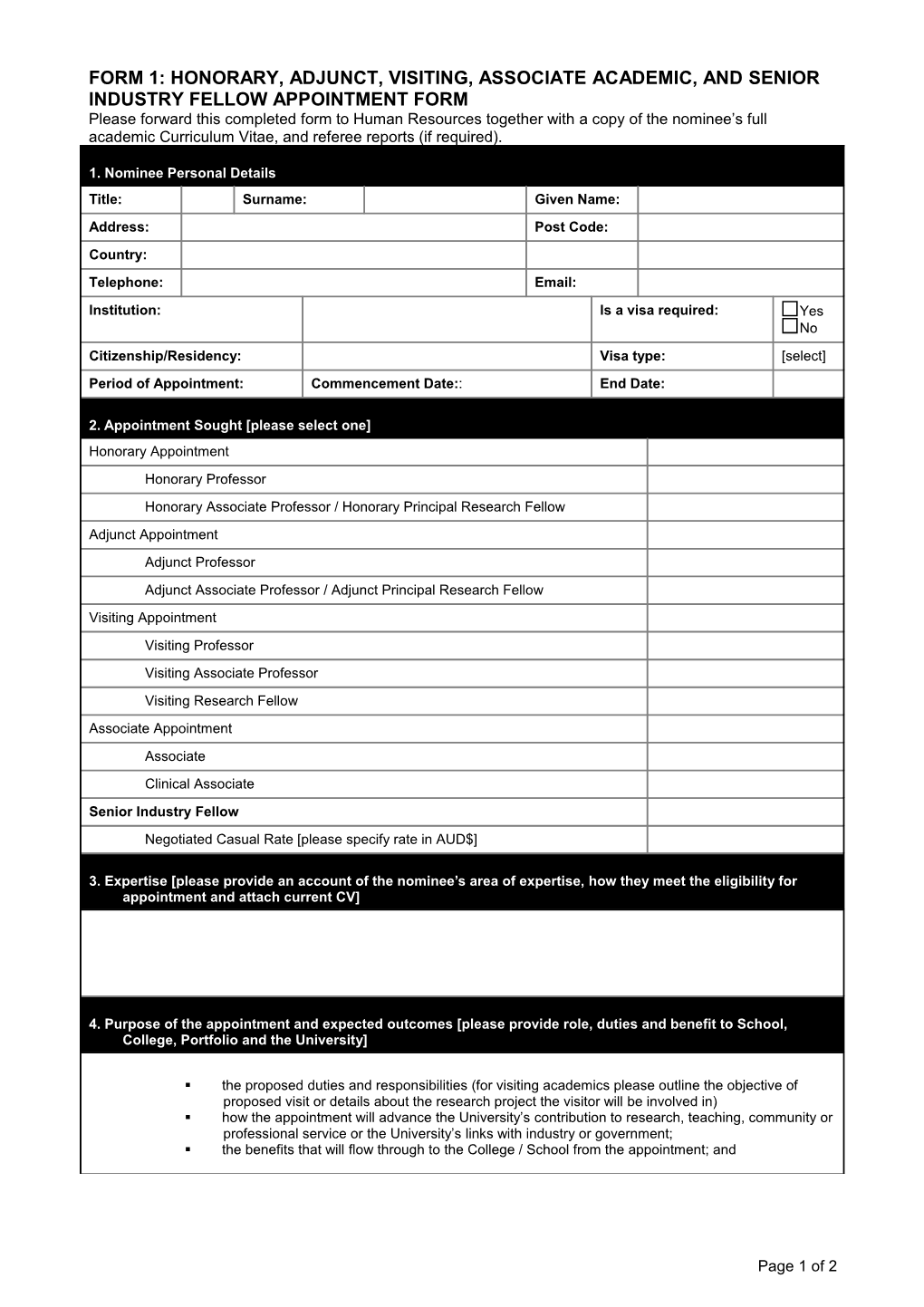 Form 1: HONORARY, ADJUNCT, and VISITING ACADEMIC APPOINTMENT FORM