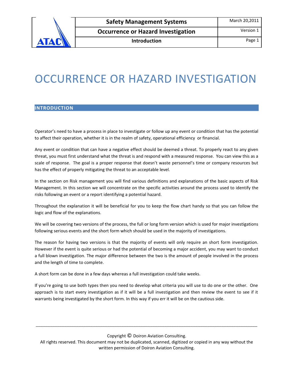 Occurrence Or Hazard Investigation